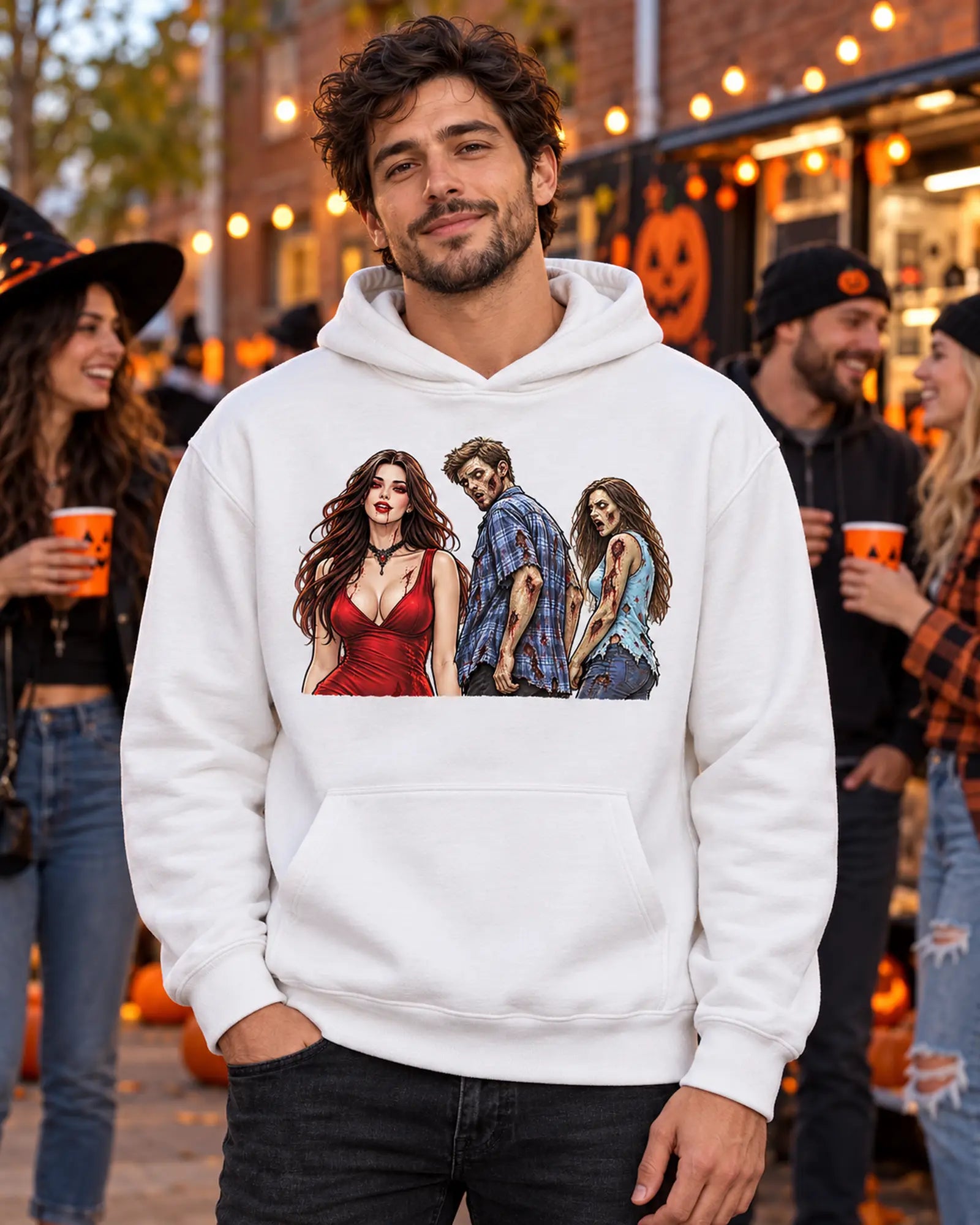 Look Back Meme Halloween Hoodie worn on model