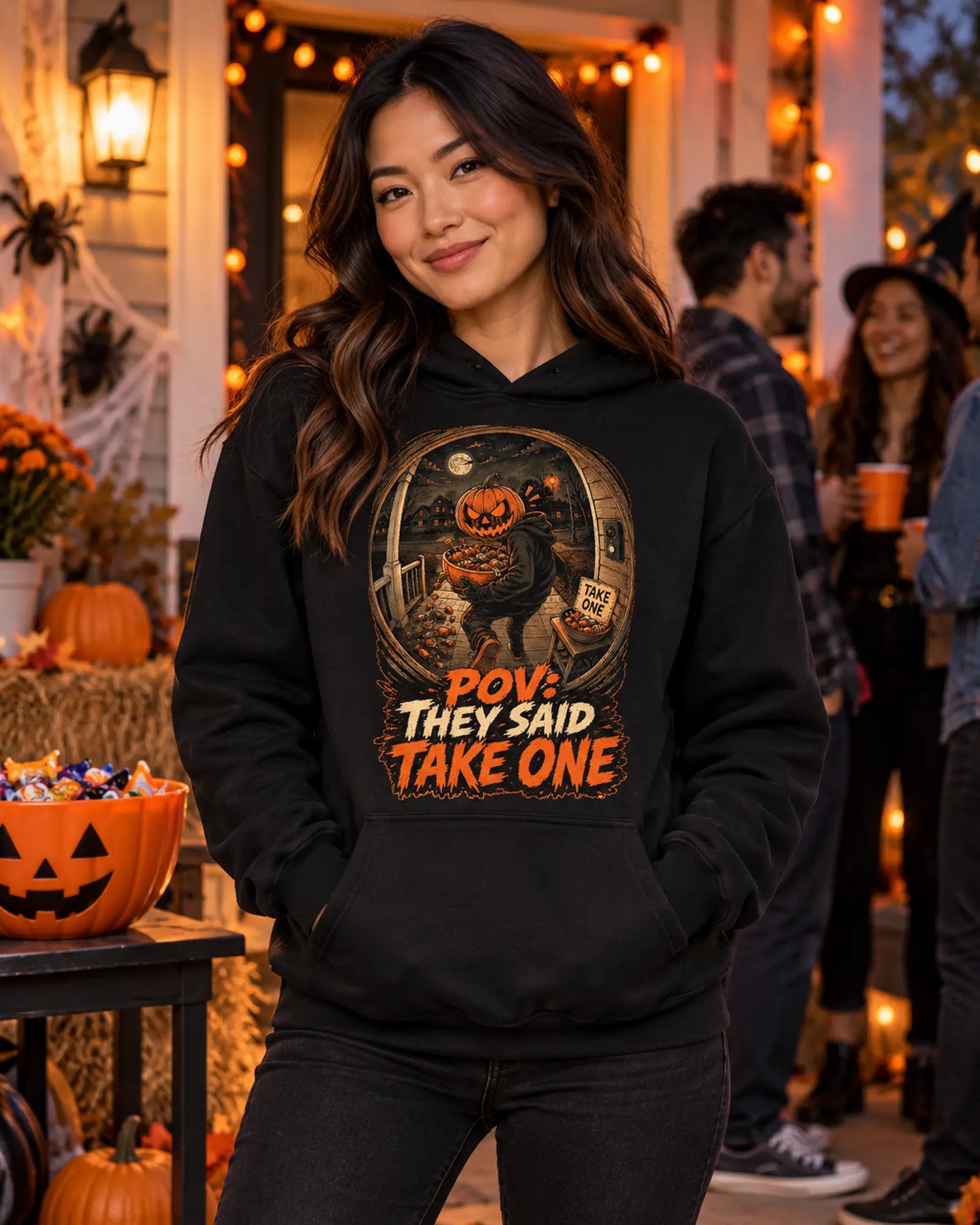 Take One Halloween Hoodie worn on model