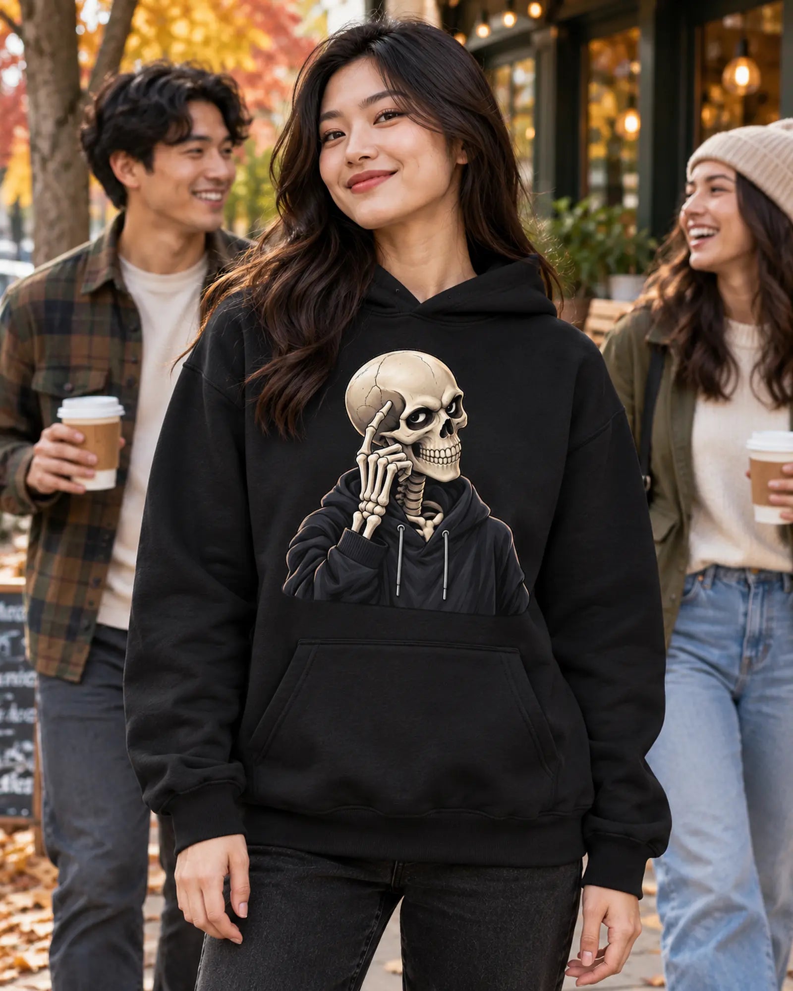 Thinking Skeleton Halloween Hoodie worn on model