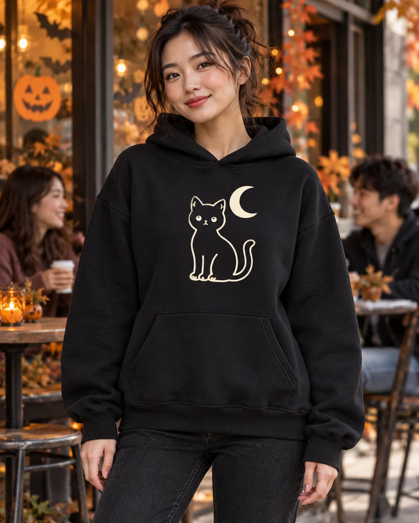 Black Cat Halloween Hoodie Halloween Graphic Hoodie On Model