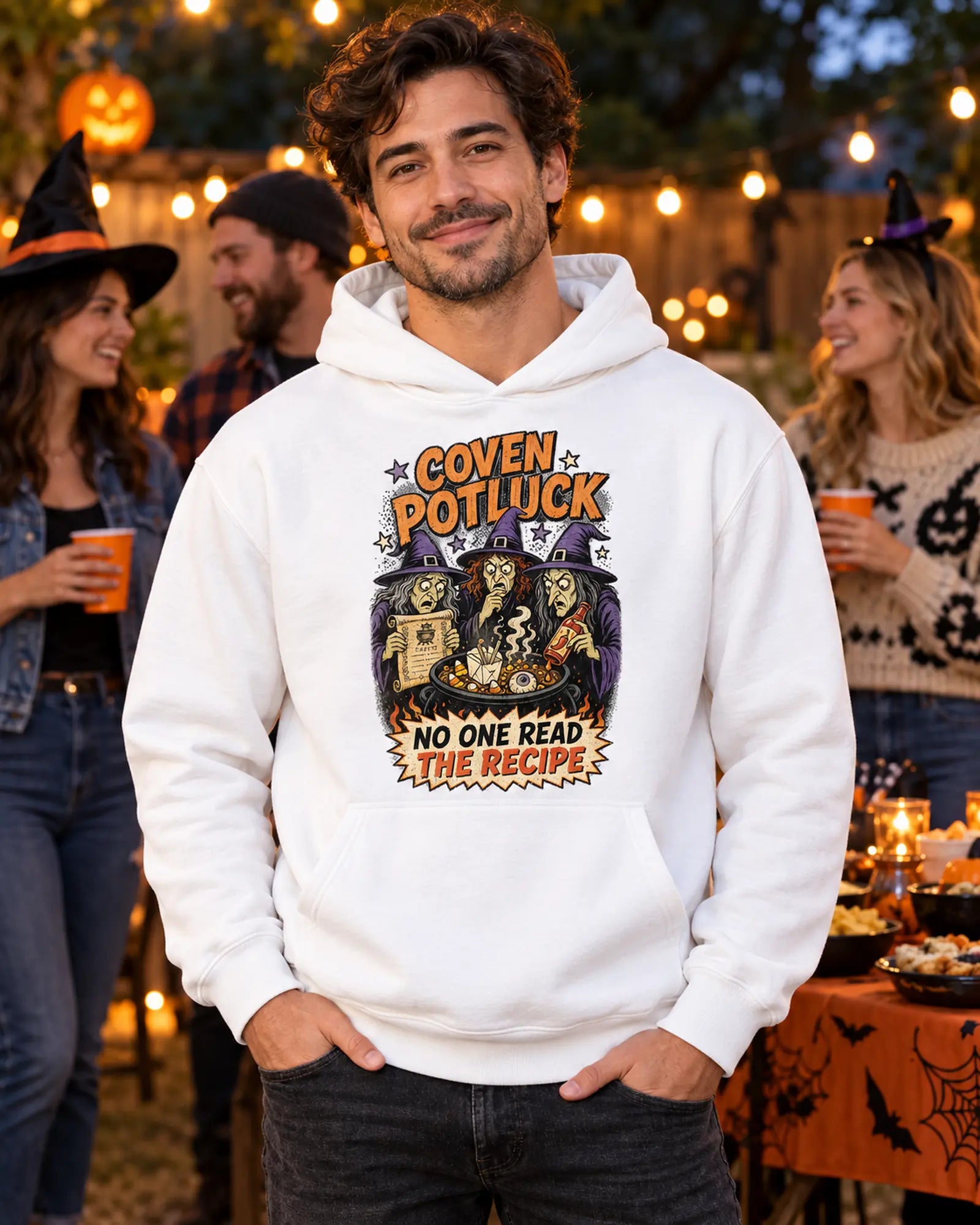 Coven Potluck Halloween Hoodie Halloween Graphic Hoodie On Model