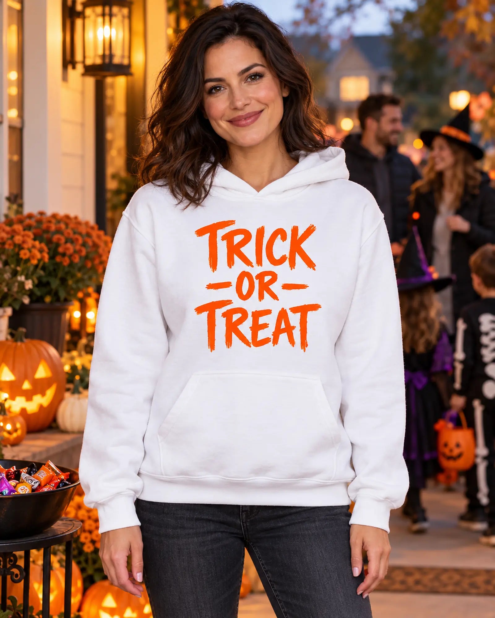 Trick or Treat Halloween Hoodie Halloween Graphic Hoodie On Model